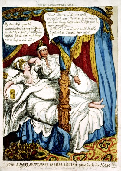 `` دوقة القوس ماريا لويزا ستأخذ قيلولةها &39;&39; ، كاريكاتير عن زواج نابليون وماريا لويزا ، نُشرت في 12 أبريل 1810 بواسطة إسحاق كروكشانك